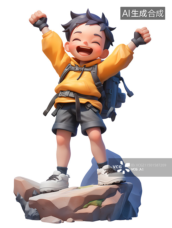 【AI数字艺术】徒步旅行者站在山顶展开双臂图片素材