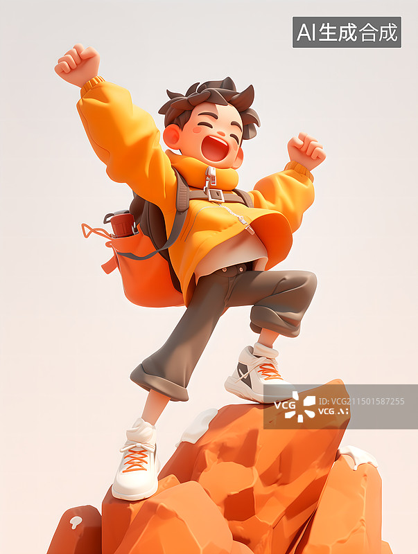 【AI数字艺术】徒步旅行者站在山顶展开双臂图片素材