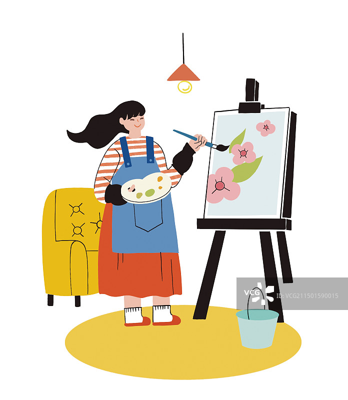 彩色卡通插画画画绘画画板画具女孩调色盘艺术爱好美术插图扁平风图片素材