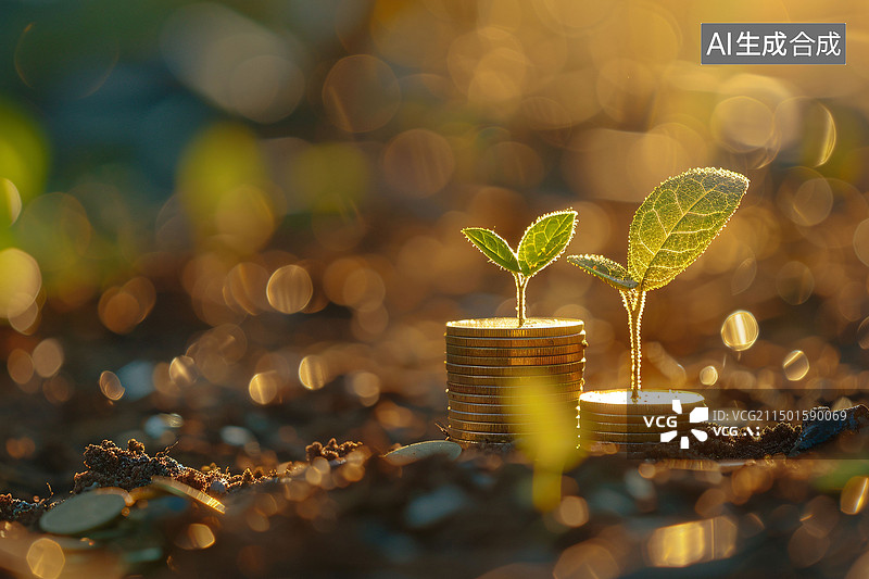 【AI数字艺术】植物树苗金币金融储蓄理财投资概念插图背景图片素材