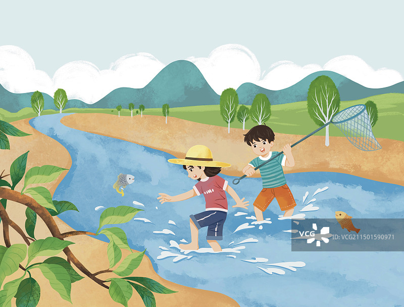 彩色卡通插画童年水里嬉戏回忆小溪捕鱼河边夏季游玩休闲生活文学配图插图扁平风图片素材