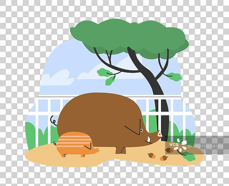 橡树下带着小野猪的卡通野猪图片素材