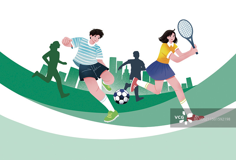 彩色卡通插画夏季体育运动户外篮球足球网球健身健康生活年轻人校园篮球架活动体育插图扁平风图片素材