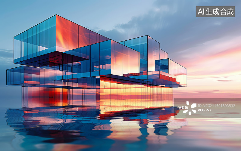 【AI数字艺术】玻璃现代建筑日落天空水面背景图片素材