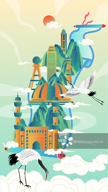 新疆卷轴山水画中国风城市复古打卡地标旅游建筑群图片素材