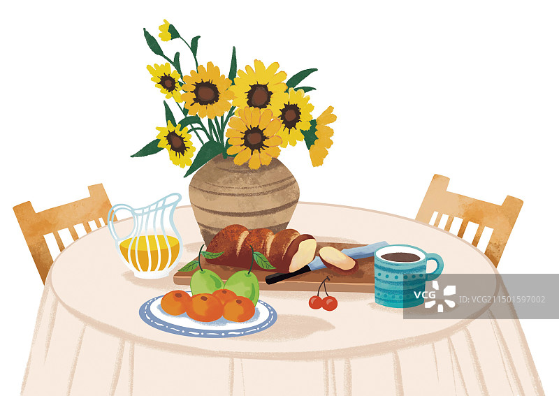 彩色卡通插画饮食家居现代餐桌鲜花温馨面包水果休闲下午茶生活插图扁平风图片素材