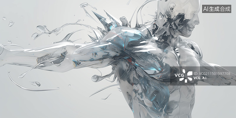 【AI数字艺术】科幻奇幻白色晶体冰雕有肌肉的男性模特3D立体插画图片素材
