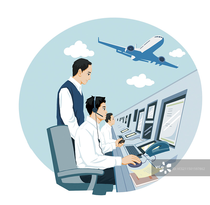 彩色卡通插画飞机民航航空指挥雷达机组工作人员地面指挥航线插图扁平风图片素材