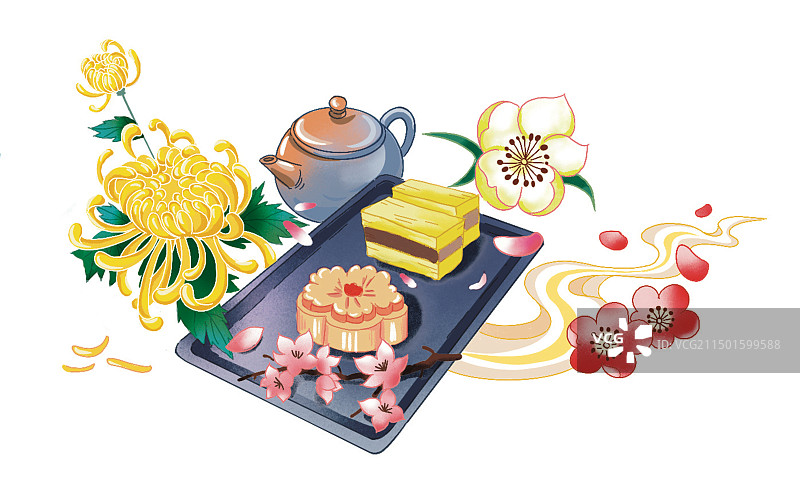 彩色卡通插画传统节日菊花糕点茶饮食休闲国潮风吃花古人美食文化插图扁平风图片素材