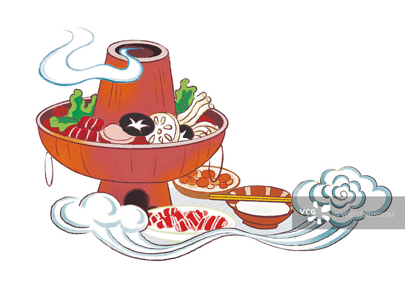 彩色卡通插画健康生活烹饪厨师蔬菜绿色素食西红柿火锅美食饮食扁平风图片素材