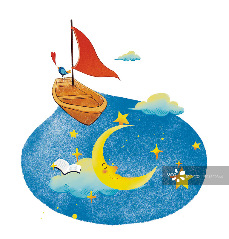 彩色卡通插画小船方向目标努力书籍学业哲理想象月亮抽象插图文学扁平风图片素材