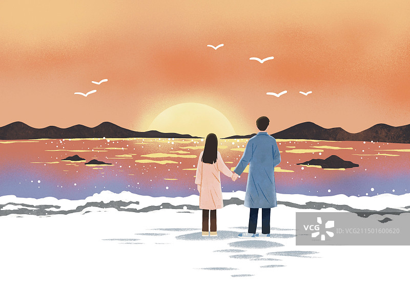 彩色插画情侣背影夕阳落日思乡海边黄昏橙色美景旅行插图文学扁平风图片素材