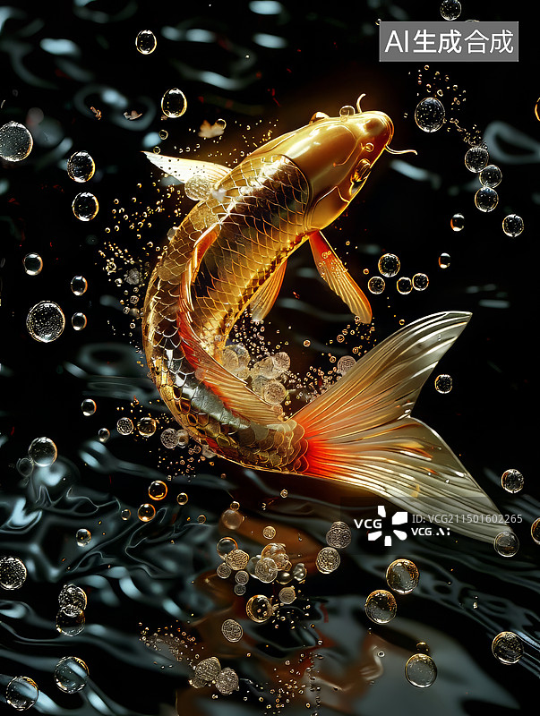 【AI数字艺术】黑色背景，一条金色的锦鲤鲤鱼，鲤鱼跃龙门图片素材
