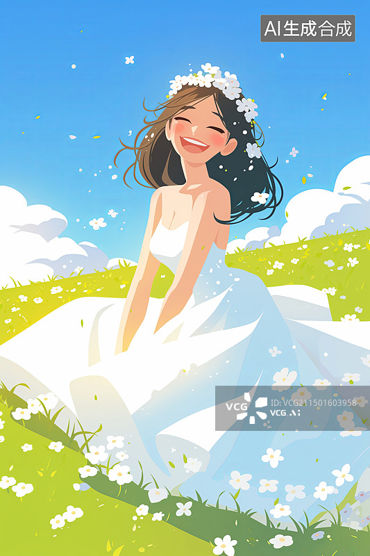 【AI数字艺术】穿着婚纱的新娘 插画风格图片素材