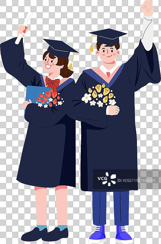 毕业季穿着学士服学士帽拿着文凭的男生女生图片素材