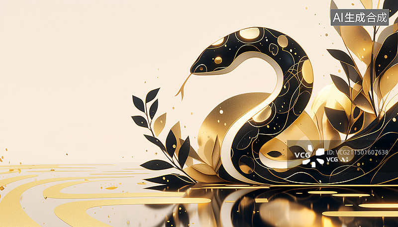 【AI数字艺术】一条黑金花纹蛇水面倒影动物3D插画图片素材