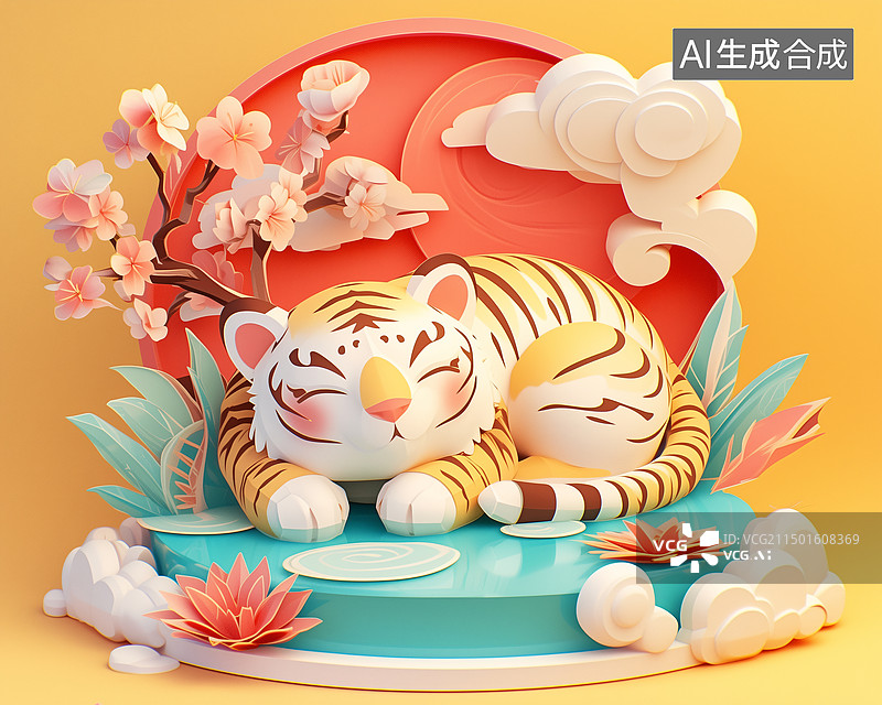 【AI数字艺术】一只老虎趴在池塘上梅花树祥云三维图图片素材