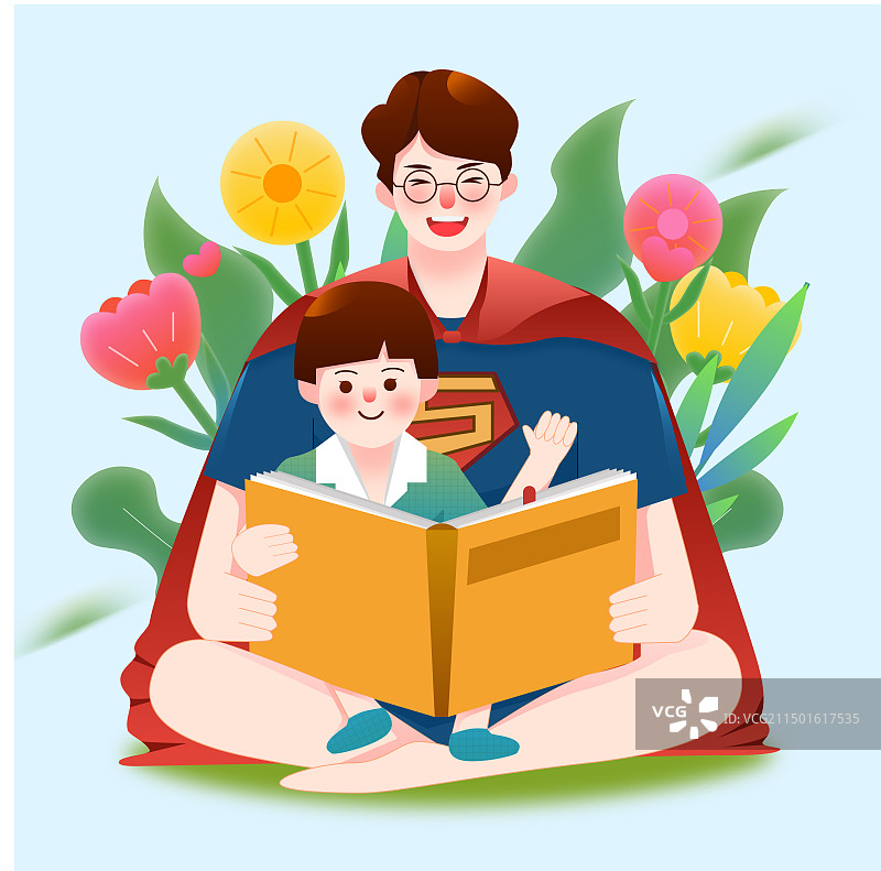 父亲节父亲陪宝宝看书看绘本的爸爸超人简约插画图片素材