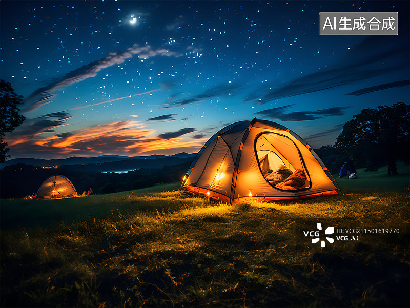 【AI数字艺术】夜晚草在地海边山谷露营场景 (1)图片素材