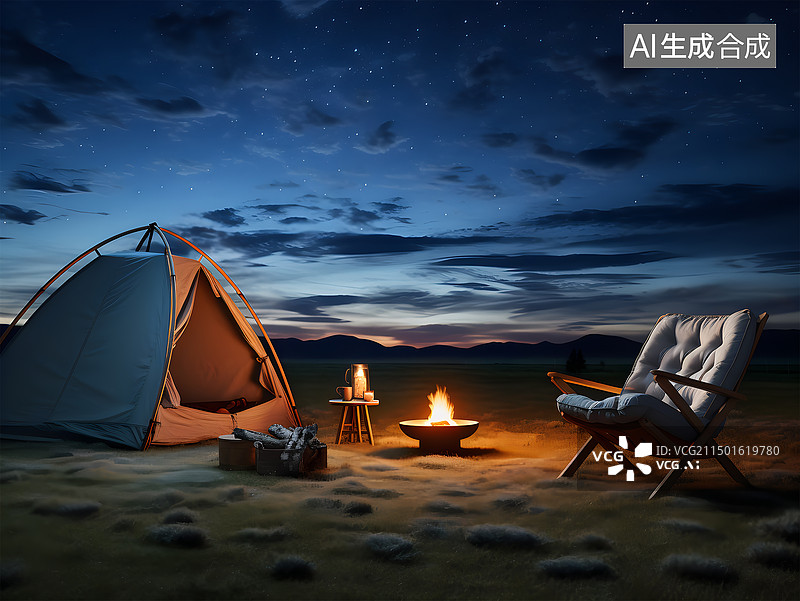 【AI数字艺术】夜晚草在地海边山谷露营场景 (1)图片素材