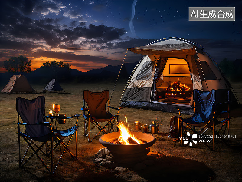 【AI数字艺术】夜晚草在地海边山谷露营场景 (1)图片素材