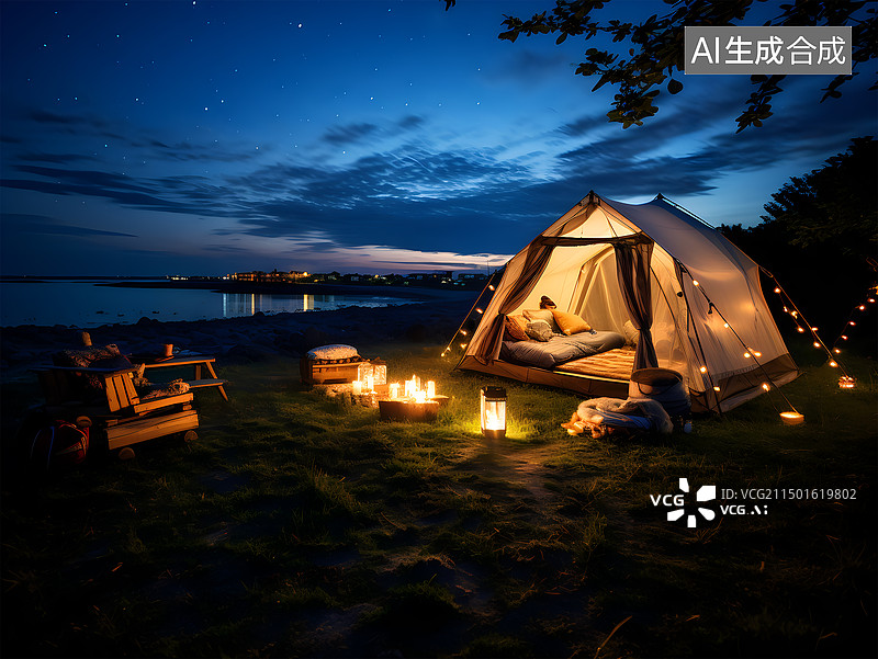 【AI数字艺术】夜晚草在地海边山谷露营场景 (1)图片素材