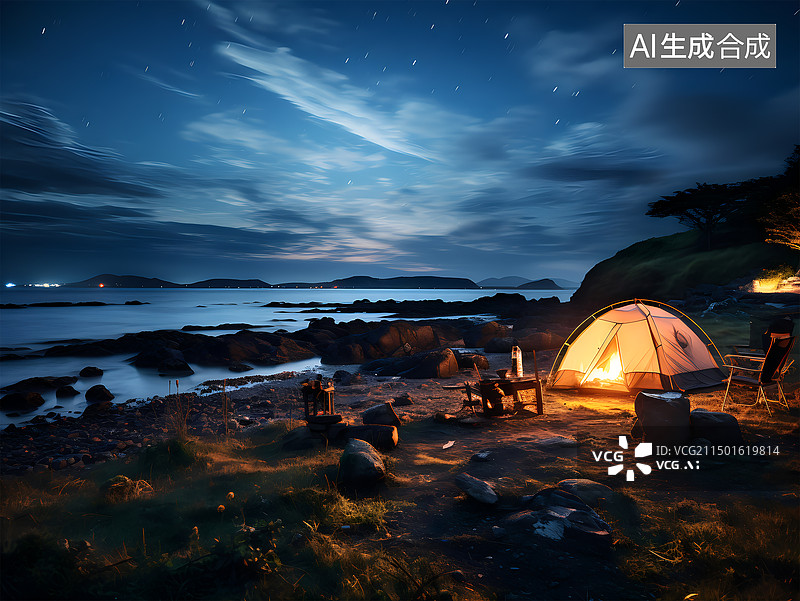 【AI数字艺术】夜晚草在地海边山谷露营场景 (1)图片素材