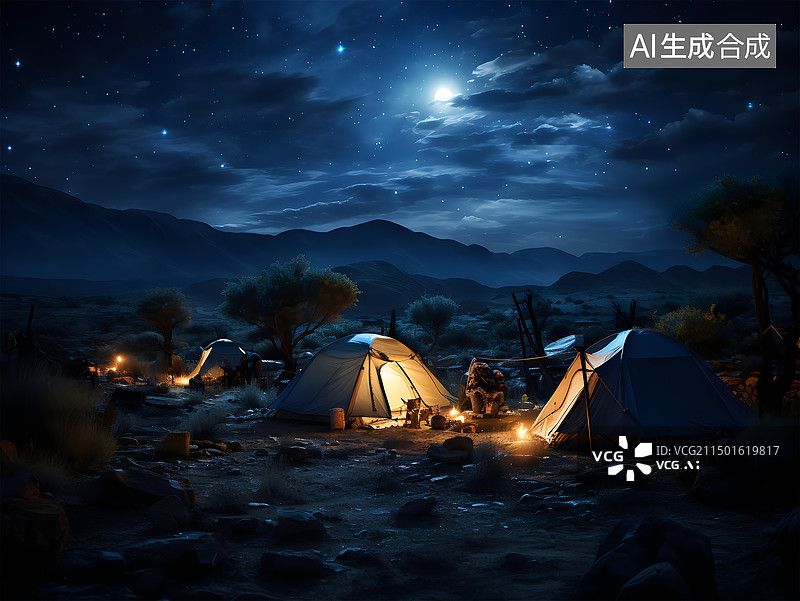 【AI数字艺术】夜晚草在地海边山谷露营场景 (1)图片素材
