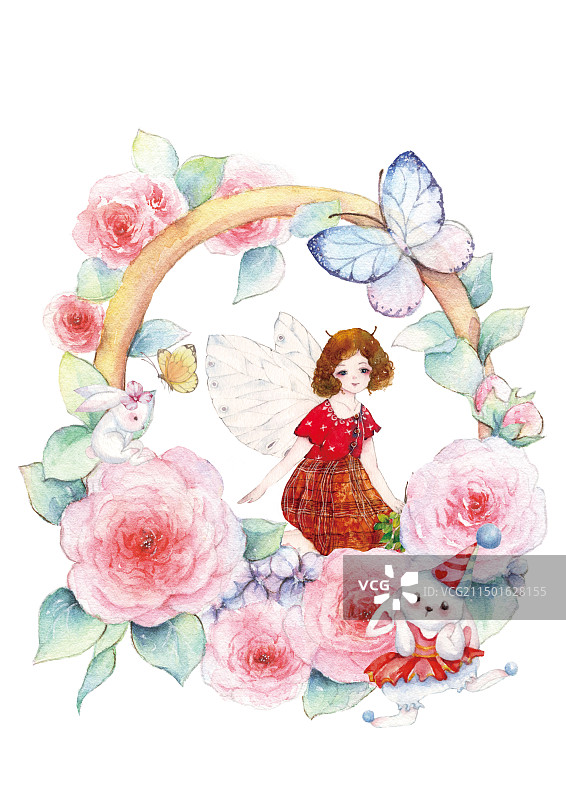 水彩风格插画快乐美丽的蝴蝶精灵仙子小女孩少女在春天蔷薇植物园户外花丛中玩耍劳作照相装饰画图片素材