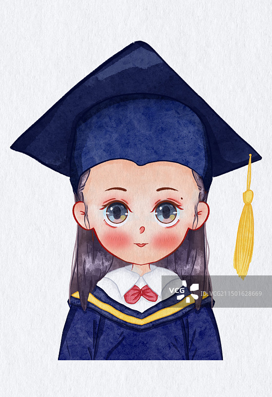 插画-博士帽-毕业-女孩-水彩图片素材