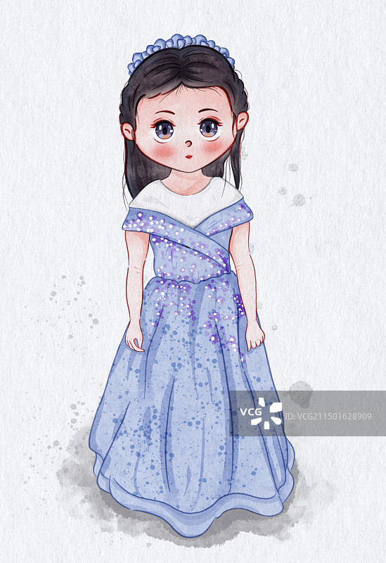 插画-公主裙-长发-小女孩-水彩图片素材