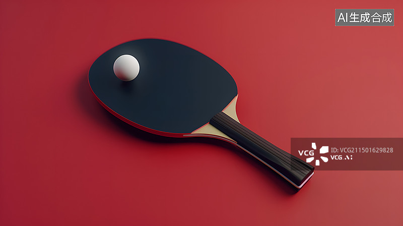 【AI数字艺术】乒乓球拍与球在红色背景下的极简呈现图片素材