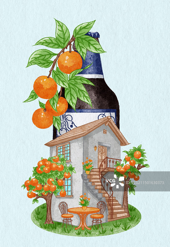 插画-水彩-啤酒-水果-房子-桔子口味-味啤酒.psd图片素材