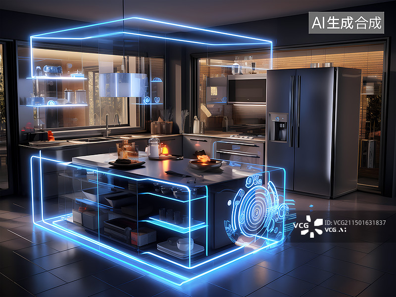 【AI数字艺术】高档豪华智能家居互联空间客厅厨房餐厅卧室效果图图片素材