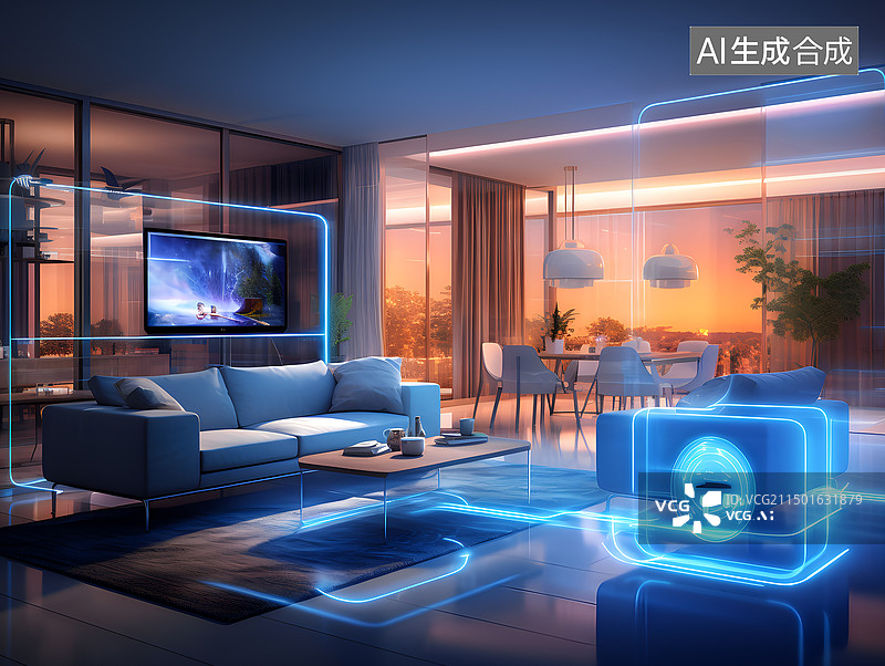 【AI数字艺术】高档豪华智能家居互联空间客厅厨房餐厅卧室效果图图片素材