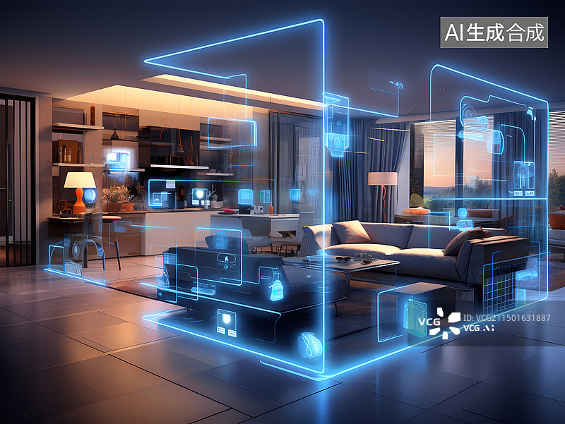 【AI数字艺术】高档豪华智能家居互联空间客厅厨房餐厅卧室效果图图片素材