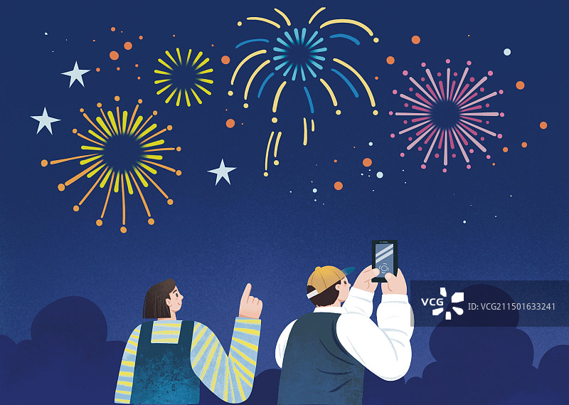 彩色插画新年烟花拍照人物背影夜晚庆祝节日过年春节扁平风图片素材