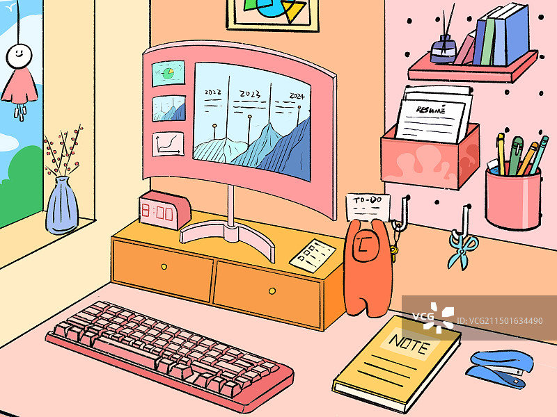 女生粉色系电脑办公桌面图片素材