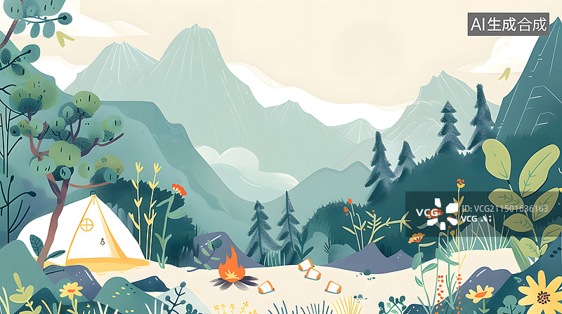 【AI数字艺术】繁茂山谷中的露营之旅图片素材