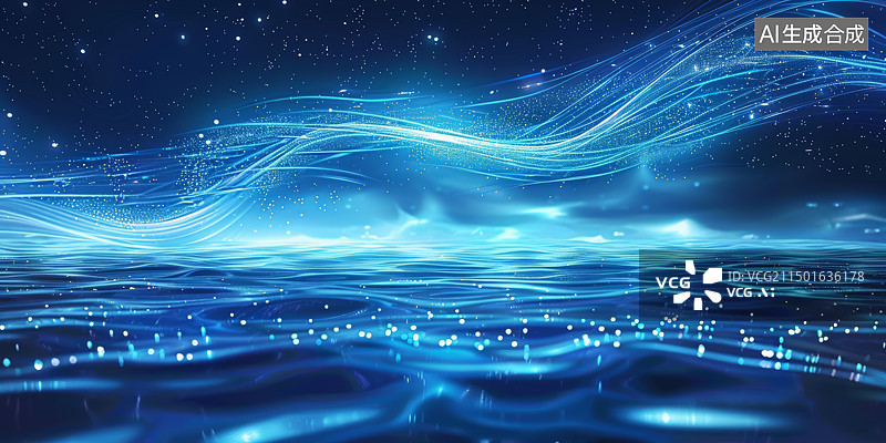 【AI数字艺术】蓝色发光粒子线条与水面波纹科技背景图片素材