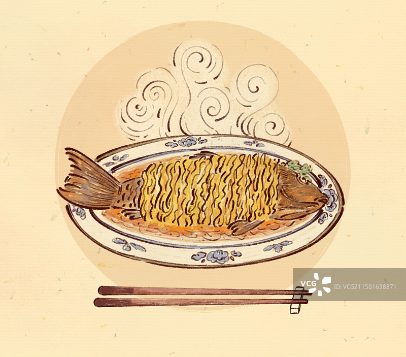 手绘卡通河南特色美食鲤鱼焙面豫菜插画图片素材