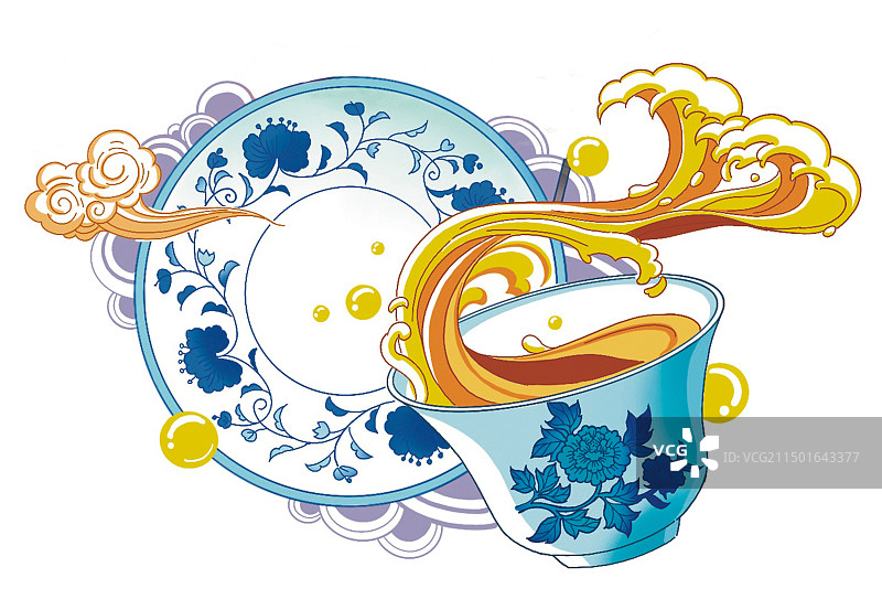 彩色插画青花瓷盘子杯子图案传统蓝色茶文化中国特色青釉国粹手绘扁平风图片素材