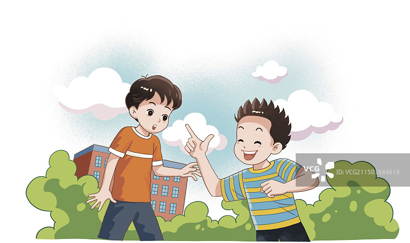 彩色插画校园男孩说话聊天好朋友争论小学生课间快乐卡通手绘扁平风图片素材