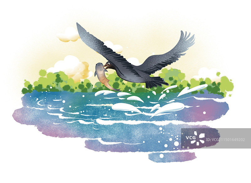 彩色卡通插画捕鱼渔鹰渔船渔民动物海洋生态环境保护手绘扁平风图片素材