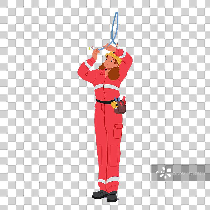 身穿红色连体服头戴头盔的女电工图片素材