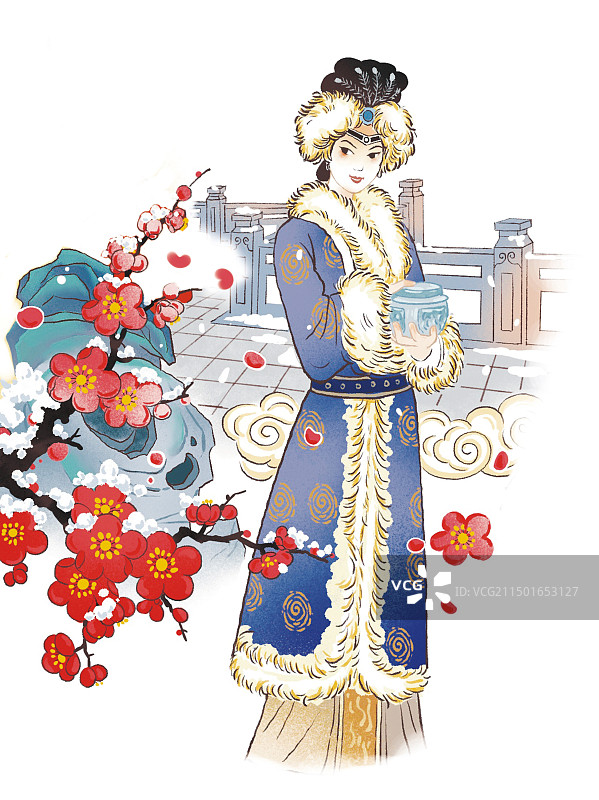 彩色插画王熙凤冬季貂皮大衣华丽服饰着装红楼梦名著手绘图片素材