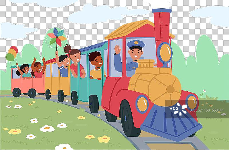 快乐的儿童挥手享受着色彩缤纷的火车图片素材