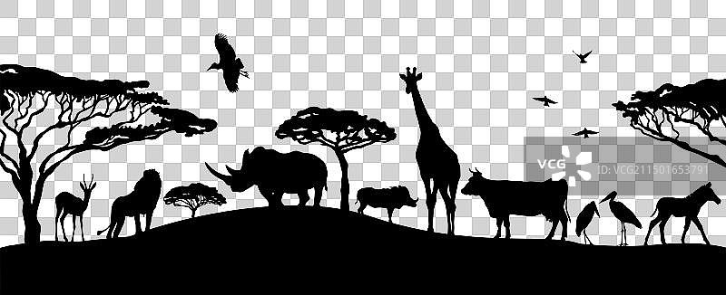非洲景观动物剪影手绘图片素材