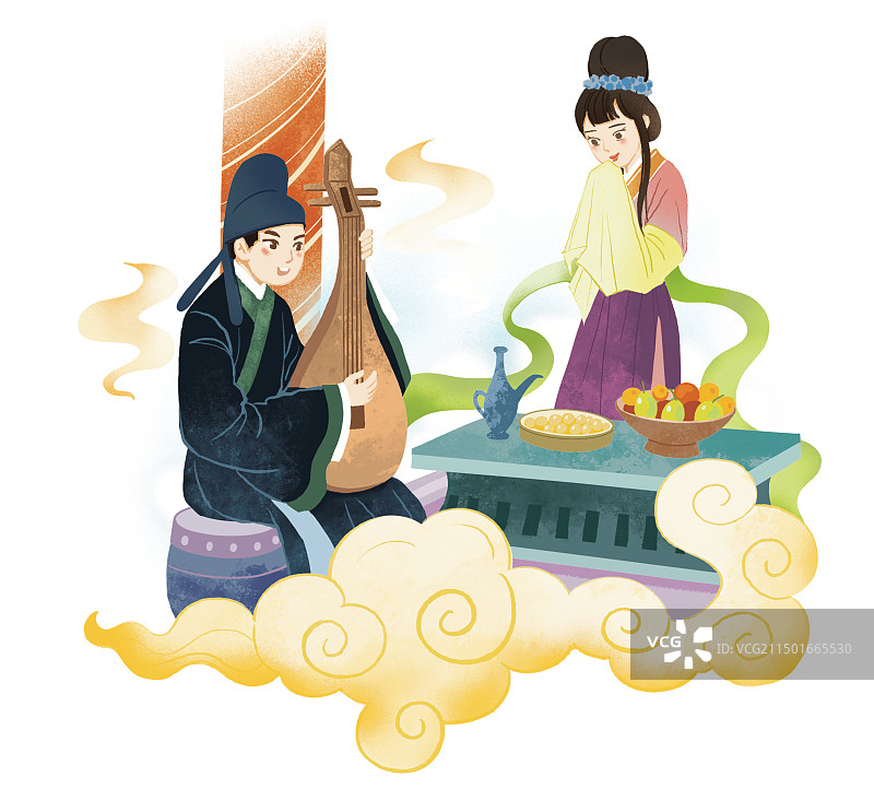彩色卡通插画古代人物诗人古诗唐代爱情情感夫妻爱好兴趣友谊娱乐喝酒庆祝图片素材