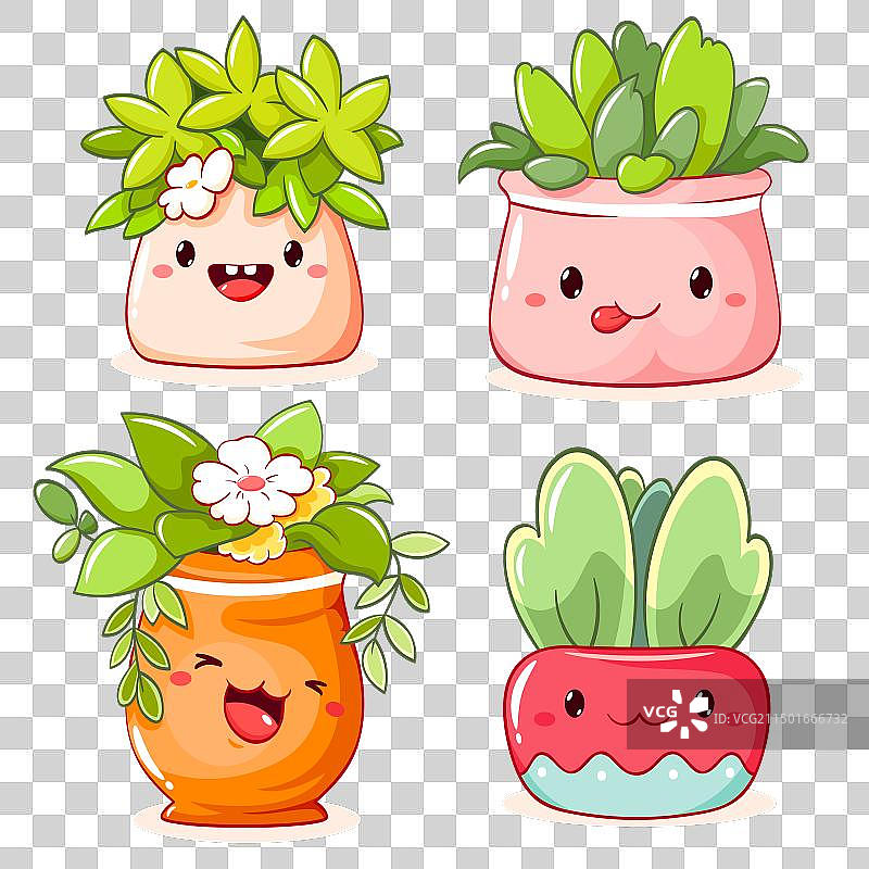 花盆里的可爱卡通植物，卡哇伊风格图片素材
